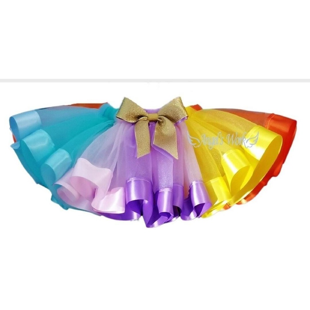 Handmade Pastel Rainbow Tutu Skirt Girls Gold Bow Birthday Photo Prop Dress Up